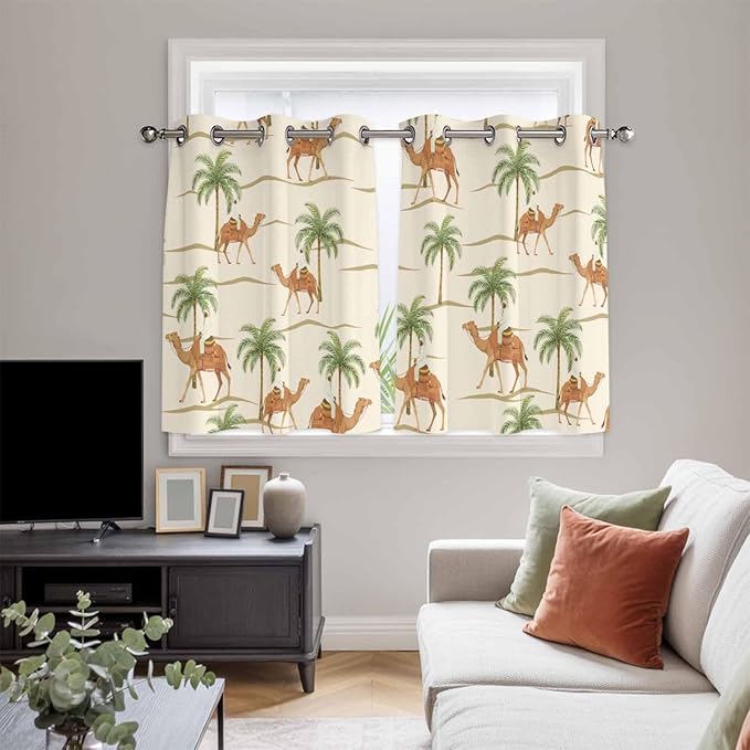 2 Panel Kitchen Cafe Curtains, Date Coconut Tree Sunlight Filtering Nature Air Through, Home Decor Window Covering Tier Curtains for Living Room 104W x 52L inch Desert Camels Botanical Tropical Beige