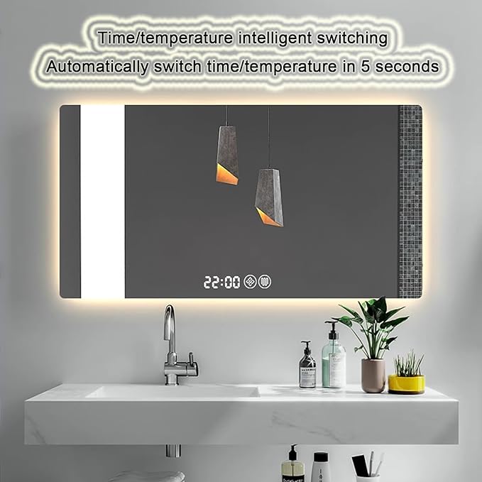Bathroom Mirror with LED Lights，LED Bathroom Mirror，Smart Lighted Bathroom Mirror for Wall，Energy-Saving LED Smart Mirrors，with Demister Pad，Three-Color Light(H60*W80cm/H23.6*W31.5IN)