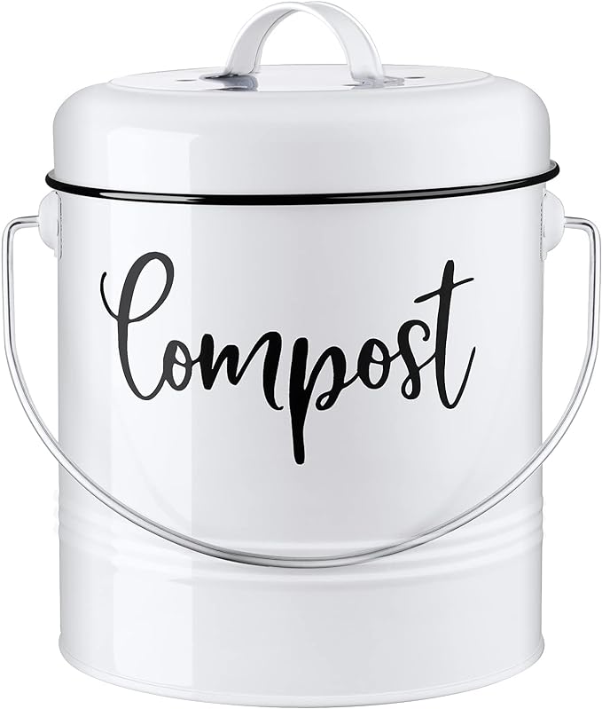Compost Bin Kitchen, 1.3 Gallon Farmhouse Kitchen Compost Bin Countertop, Indoor Countertop Compost Bucket with Lid and Charcoal Filters, White