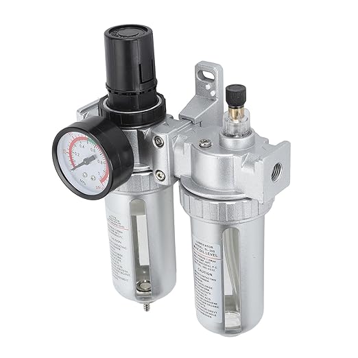 Air Filter Pressure Regulator 1/4 Inch, Compressed Air Line Filter with Dial Gauge, Aluminum Alloy and PC Oil Water Separator for Pneumatic Tools Airbrushing