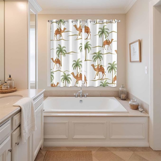 2 Panel Kitchen Cafe Curtains, Desert Camels Sunlight Filtering Nature Air Through, Home Decor Window Covering Tier Curtains for Bedroom Living Room 80W x 63L inch Tropical Date Palm Trees Animal