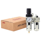 SNS 1/4" NPT Compressed Air Filter Regulator Lubricator Two Units Combo FRL Water/Oil Trap Separator, Semi-auto Drain, Gauge and Bracket, Poly Bowl with Metal Guard AC3010-N02A