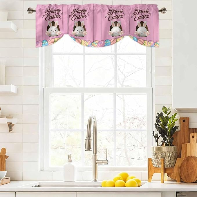Pink Easter Tie Up Valance Curtains for Windows,Kitchen Curtains Window Shades,Easter Bunny Eggs Spring Cartoon Farmhouse Wood Grain Light Filtering Curtain Valances for Bedroom/Bathroom/Cafe 42"x12"