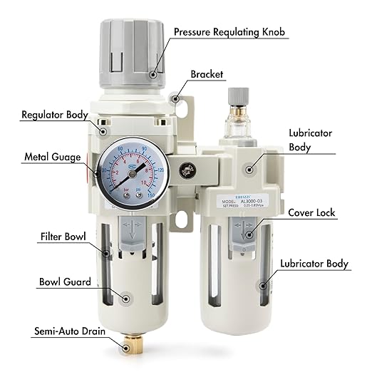 3/8" NPT Air Compressor Water Separator Regulator Filter Combo Compressed Air Filter Dryer Pressure Regulator with Gauge(0-150 psi) Poly Bowl Semi-Auto Drain Bracket - 3 in 1 Two Unit