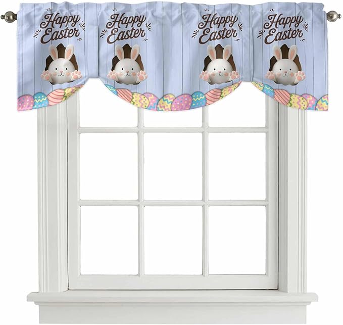 Blue Easter Tie Up Valance Curtains for Windows, Kitchen Curtains Window Shades, Spring Cartoon Bunny Colorful Eggs Wood Grain Light Filtering Roman Curtain Valances for Bedroom/Bathroom/Cafe 60"x18"