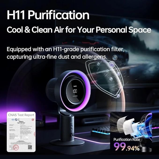JISULIFE Table Purifier Fan, 3-in-1 Air Purifier Cool with 7-Color RGB Light, LED Display, 100-Speed, 10000mAh Battery, 120° Oscillating Desktop Fan for Office/Gaming Desk, Gifts for Men/Women