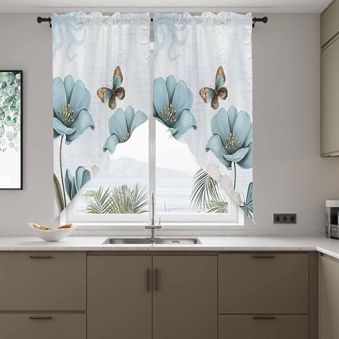 Blue Tulips Swag Valances for Windows, Watercolor Flowers Butterfly Spring Farmhouse Blue Rod Pocket Kitchen Curtains Valance, Small Window Curtains Swag for Cafe Living Room, 2 Panels, 36x36 inch