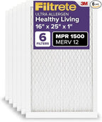 Filtrete 16x25x1 AC Furnace Air Filter, MERV 12, MPR 1500, CERTIFIED asthma & allergy friendly, 3 Month Pleated 1-Inch Electrostatic Air Cleaning Filter, 6-Pack (Actual Size 15.69x24.69x0.78 in)