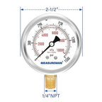MEASUREMAN 2-1/2" Dial Size, Glycerin Filled Pressure Gauge, 0-1500psi/kpa, 304 Stainless Steel Case, 1/4" NPT Lower Mount