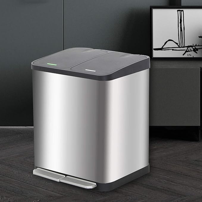 Trash Can Kitchen Large Capacity Foot-Operated Trash Can Double Three Bin Garbage Sorting Garbage Can Rectangular Trash Can with Lid, Brushed Stainless Steel Wastebasket for Office (Silver 30l)