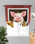 Tie Up Curtains for Windows, Pigs Sunflowers Adjustable Balloon Nature Linen Textured Kitchen Curtain, Farmhouse Red Barn Flowers Animals Privacy Curtains Balloon Blind for Cafe, 42 x 63 Inches