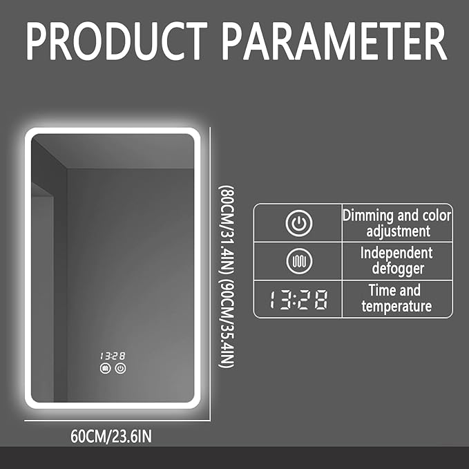 Backlit LED Illuminated Bathroom Mirror with LED Lights, Lighted Bathroom Makeup Wall Mounted Mirror with Demister Pad, Sensor Touch Switch, Horizontal/Vertical(H60*W90CM/H23.6*W35.4IN)