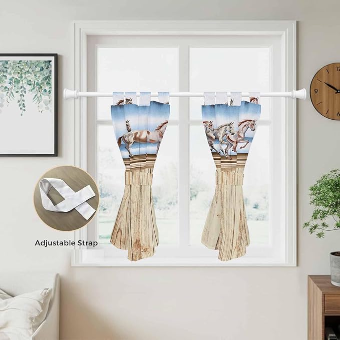 Western Horse Bedroom Curtains 63 Inch Length, Window Curtains Tab Top, Farmhouse Wooden Grain Vintage Cowboy Barn Door Light Filtering Window Treatments Drapes 42"x63" 2 Panel