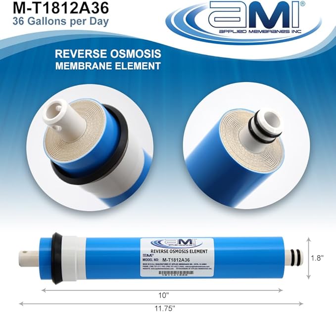APPLIED MEMBRANES INC. 36 GPD Reverse Osmosis Membrane | RO Membrane Water Filter Replacement for Reverse Osmosis Water Filtration System | 1.8” x 12” Universal Compatibility | Made in USA M-T1812A36