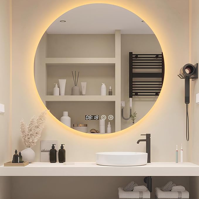 LTSRLL Frameless Illuminated LED Bathroom Wall Mirror with Touch, Demister Pad and Dimmable Lights & 3 Colors for Makeup Shaving and Bath Vanity IP44(Backlight,70cm/27.5in)