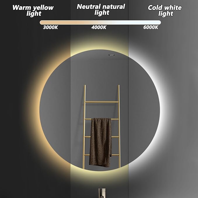 Bathroom Mirror with LED Lights and Touch Sensor, Wall Mounted Mirror with Demister Pad, 3 Colours of Light, Double Touch Button, for Entryway, Bathroom, Vanity(50cm/19.7in)