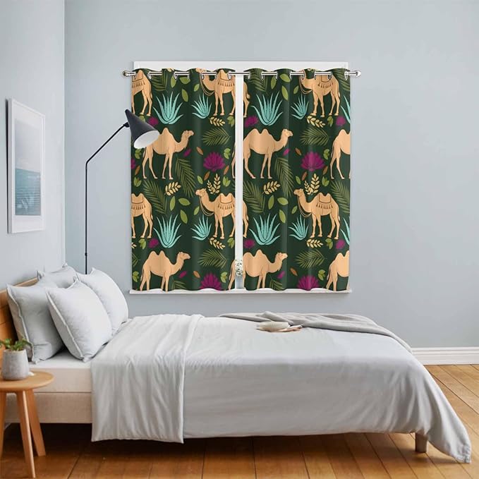 2 Panel Kitchen Cafe Curtains, Retro Desert Camel Sunlight Filtering Nature Air Through, Window Decor Tier Curtains for Living Room 80W x 63L inch Tropical Animal Aloe Vera Leaves Dark Green