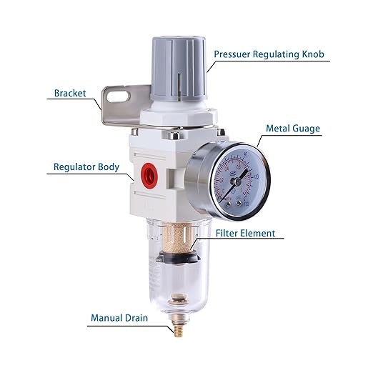 1/4 Inch NPT Air Filter Regulator Combo Piggyback, Air Compressor Water Separator, Air Line Dryer, Semi-Auto Drain, Air Pressure Regulator AW2000-02, 0-150 PSI Gauge