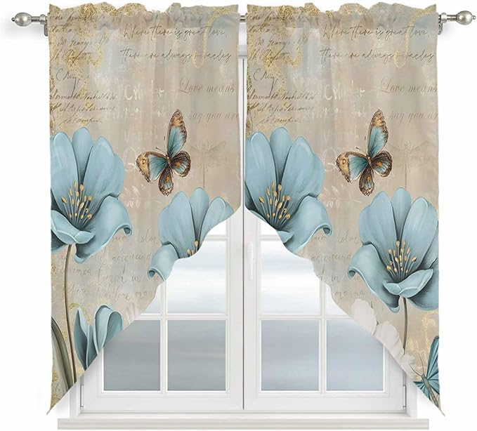 Spring Flowers Swag Valances for Windows, Vintage Rustic Tulips Floral Butterfly Khaki Rod Pocket Kitchen Curtains Valance, Small Window Curtains Swag for Cafe Living Room, 2 Panels, 28x36 inch