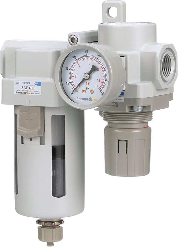 PneumaticPlus SAU420-N04G Compressed Air Filter Regulator Combo 1/2" NPT - Poly Bowl, Manual Drain, Bracket, Gauge