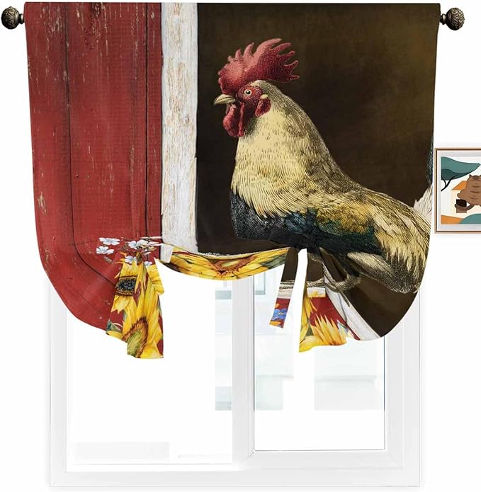 Tie Up Curtains for Windows, Chicken Sunflowers Adjustable Balloon Nature Linen Textured Kitchen Curtain, Farmhouse Animals Red Barn Bees Privacy Curtains Balloon Blind for Cafe, 42 x 63 Inches