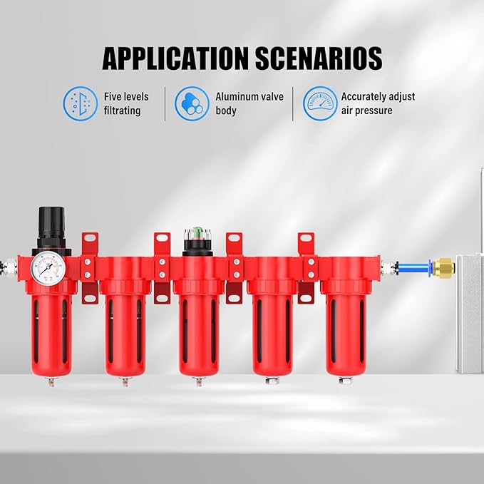 1/4" NPT Industrial Grade 5 Stage Aluminum Air Drying System,Double Coalescing Filter,Particulate Filter,Double Desiccant Dryer and Air Regulator,Manual Drain For Plasma Cutter and Paint Spray