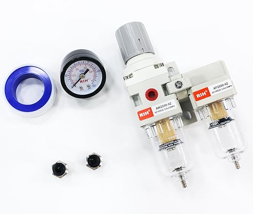 RIH Air Dryer System -1/4" NPT Double Air Filters-5 Micron Particulate Filter& Air Pressure Regulator - Gauge(0-150 psi), Semi-Auto Drain, Poly Bowl,Bracket - 3 in 1 Two Unit (1/4" NPT)
