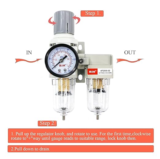 RIH Air Dryer System -1/4" NPT Double Air Filters-5 Micron Particulate Filter& Air Pressure Regulator - Gauge(0-150 psi), Semi-Auto Drain, Poly Bowl,Bracket - 3 in 1 Two Unit (1/4" NPT)