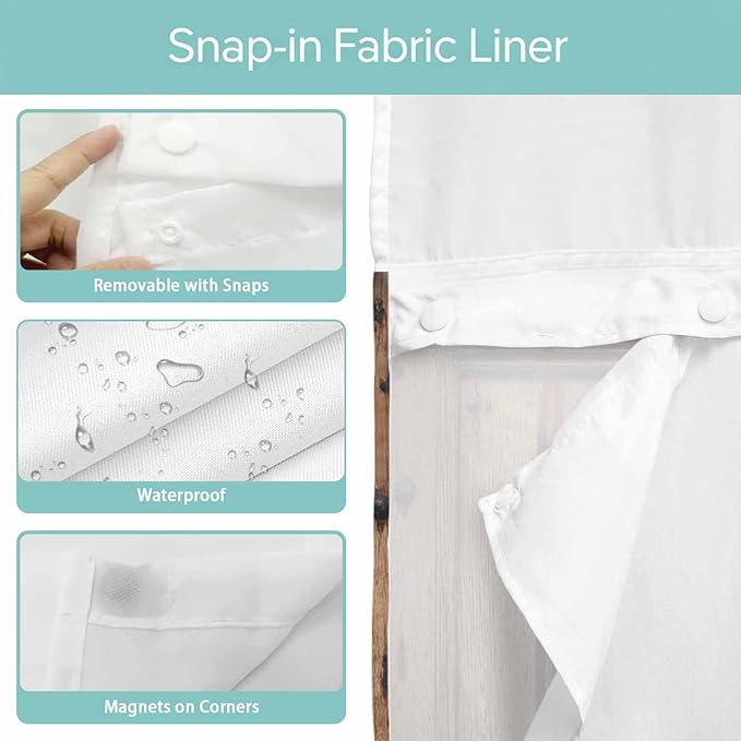 Wood Barn Door No Hook Shower Curtain with Snap in Liner Set, Waterproof Shower Curtains for Bathroom, Wooden Plank Fabric Shower Curtain, See Through Mesh Top Window, 60" W x 72" L