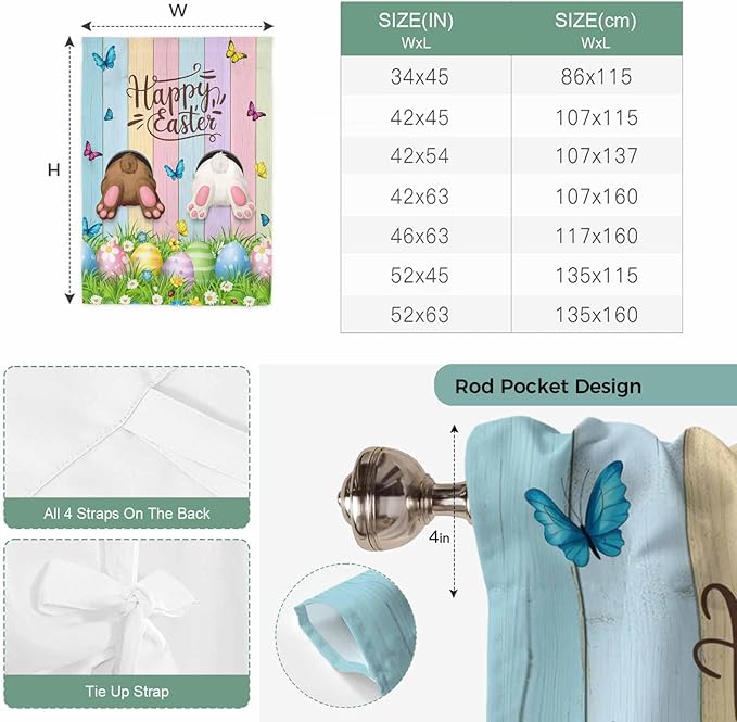 Tie Up Curtains,Happy Easter Rabbit Butt Egg on Daisy Leaf Adjustable Rod Pocket Window Shade Curtain Drape Bufferfly on Wood Barn Tie-Up Valance for Kitchen Bedroom Living Room Windows,42"x54"