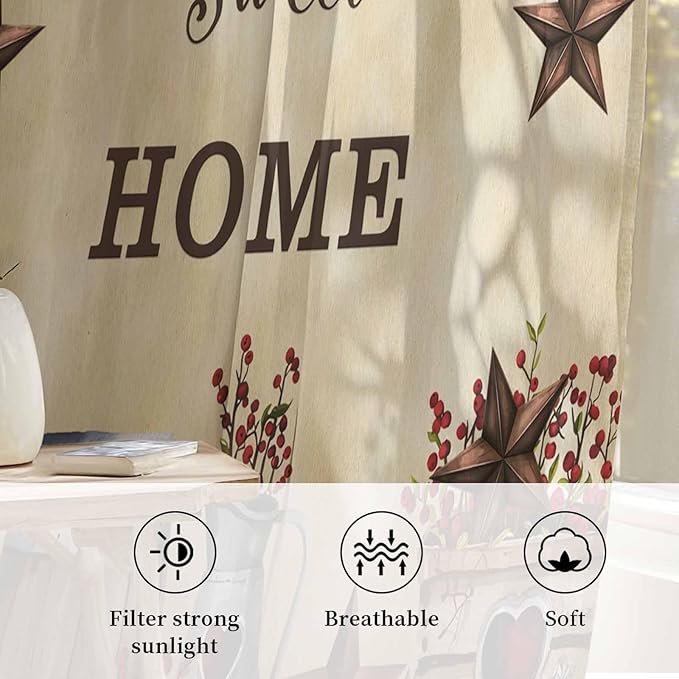 Farm Sheer Curtains 108 Inch Length American Country Barn Star Vintage Berry Brown Chiffon Curtain for Bedroom Living Room Light Filtering Rod Pocket Window Treatments Voile Curtains Drapes for Dining