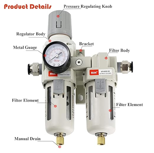 RIH Air Dryer System - 1/2" NPT Double Air Filters-5 Micron Particulate Filter& Air Pressure Regulator - Gauge(0-150 psi), Semi-Auto Drain, Poly Bowl,Bracket - 3 in 1 Two Unit (1/2" NPT)