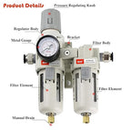 RIH Air Dryer System - 1/2" NPT Double Air Filters-5 Micron Particulate Filter& Air Pressure Regulator - Gauge(0-150 psi), Semi-Auto Drain, Poly Bowl,Bracket - 3 in 1 Two Unit (1/2" NPT)