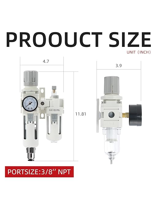 3/8" PT Compressed Air Filter Regulator Lubricator Combo Water/Oil Trap Separator Air Filter Pressure Regulator Automatic Drainage AC3010-03D (3/8" NPT, Automatic Drainage)