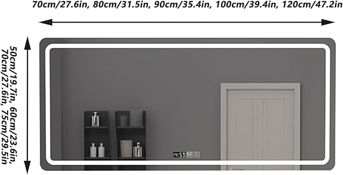 Bathroom Mirror with LED Lights, Lighted Bathroom Makeup Wall Mounted Mirror with Demister Pad, 3-Color Dimmable LED Light, for Wall Decor, Vanity, Living Room(A,60x80cm)