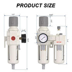 AIRZOE 3/4" NPT Compressed Air Filter Regulator Lubricator Combo, Air Compressor Water Separator AC4010-06,5 Micron Brass Element Semi-Auto Drain,0-145 psi Gauge