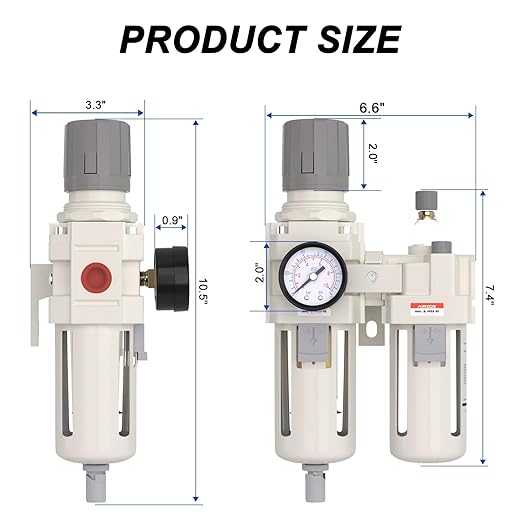 AIRZOE 3/4" NPT Compressed Air Filter Regulator Lubricator Combo, Air Compressor Water Separator AC4010-06,5 Micron Brass Element Semi-Auto Drain,0-145 psi Gauge