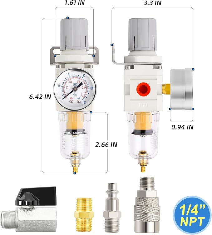 MEANLIN Air Compressor Moisture Filter, AW2000 Air Line Filter, 1/4" NPT Inlet with 150 PSI Gauge and Valve Shut Off Switch for Air Tools and Spray Paint Gun