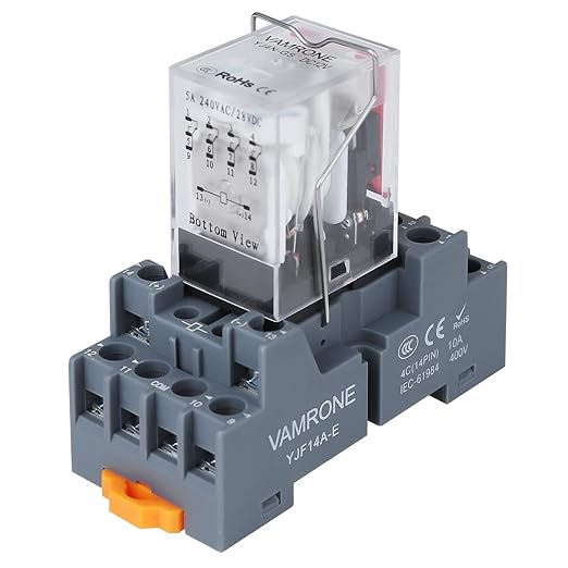 Electromagnetic Power Relay, 14-Pin 5 AMP 24V DC Relay Coil with Socket Base, LED Indicator, 4PDT 4NO 4NC - MY4NJ [Applicable for DIN Rail System]