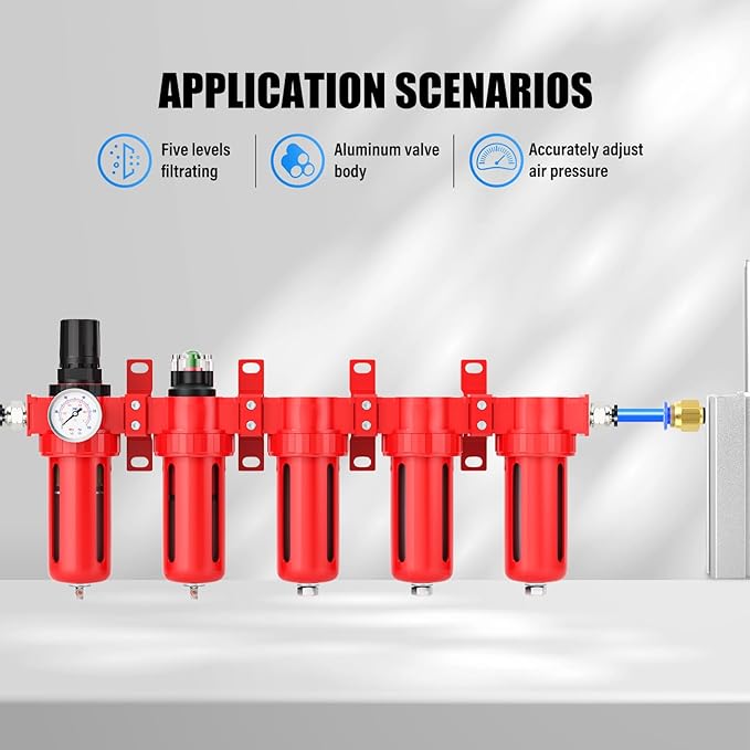 3/8" NPT Industrial Grade 5 Stage Aluminum Air Drying System, Coalescing Filter, Particulate Filter, Triple Desiccant Dryer and Air Regulator, Manual Drain For Plasma Cutter and Paint Spray