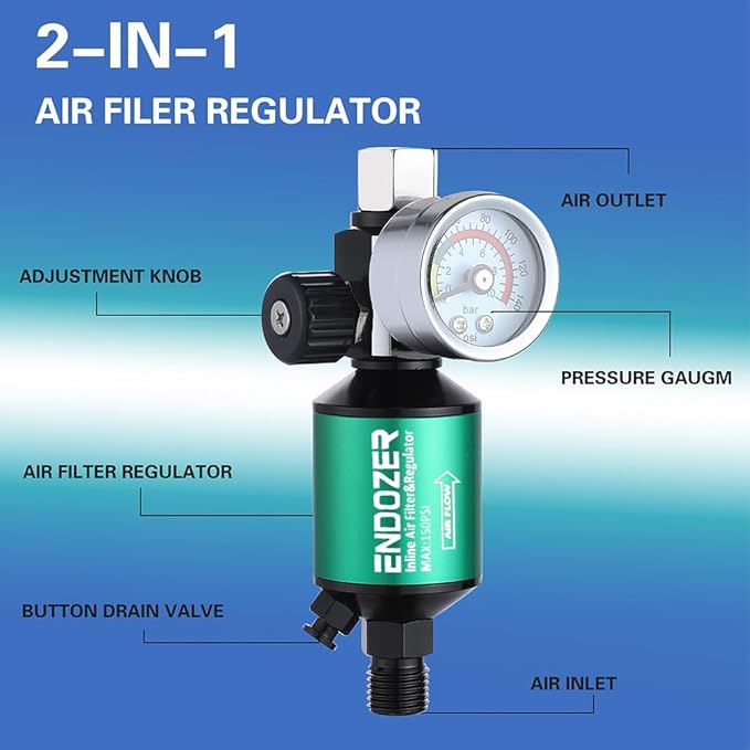 ENDOZER G1/4" Inlet and Outlet Air Compressor Water Separator Clean Dry Air, with Drain Valve and Pressure Regulator for Spray Gun
