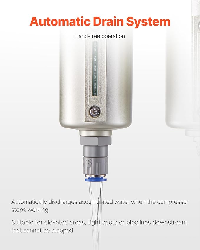 VEVOR Air Compressor Filter Regulator, 1/2" NPT 3-Stage 5μm & 0.3μm & 0.1μm Air Drying System with Micron Filters and Desiccant Dryer, Auto Drain Air Compressor Water Separator 175PSI Max Pressure