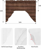 Brown Wooden Board Swag Kitchen Curtains Valance and Tier Set, Vintage Wood Grain Farmhouse Barn Themes Light-Filtering Swag Valance, Rod Pocket Short Curtain for Bedroom Cafe, 56x36 inches