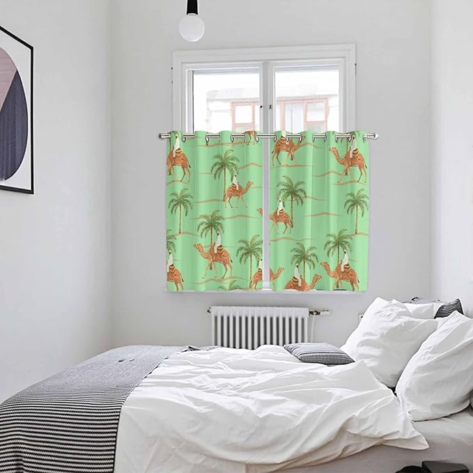 2 Panel Kitchen Cafe Curtains, Desert Camels Sunlight Filtering Nature Air Through, Home Decor Window Covering Tier Curtains for Living Room 104W x 72L inch Tropical Date Palm Trees Animal Green