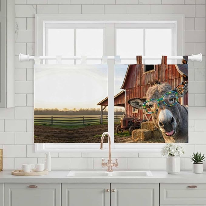 Farm Donkeys Kitchen Curtains 24 Inch Length, Small Window Curtains Tab Top, Farmhouse Barn Funny Animals Butterfly Light Filtering Short Window Treatments Tier Drapes 27.5"x24" 2 Panel