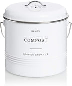 D'Lifeful Kitchen Compost Bin – 1.3 Gallon Countertop Farmhouse Compost Container with Lid – Odorless Indoor Food Scrap Pail with 6 Charcoal Filters – Eco-Conscious and Easy to Clean - White