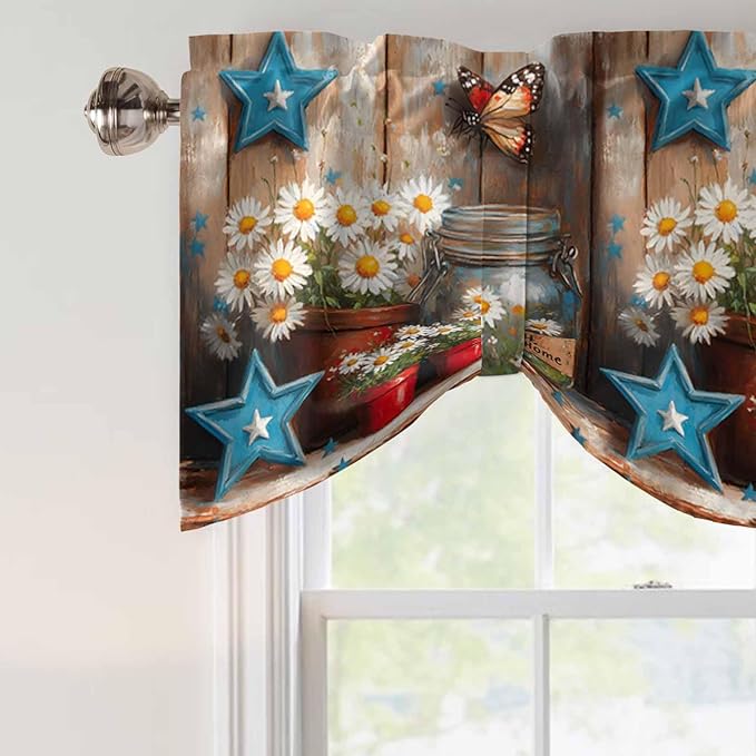 Country Flower Tie Up Valance for Window, Western Texas Star Butterfly Barn Door Adjustable Balloon Window Shade Valance Curtain for Kitchen Cafe Bathroom Window Treatment Panel 60''x18''