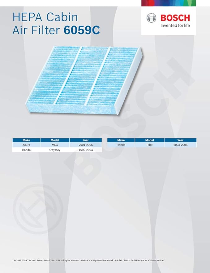 BOSCH 6059C HEPA Cabin Air Filter - Compatible with Select Acura MDX; Honda Odyssey, Pilot