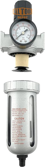 1/2" NPT Mid Flow Compressed Air In Line Filter Regulator Combo Piggyback, Poly Bowl And Metal Body, 5 Micron Element, Adjustable From 7 to 145 PSI (AUTO DRAIN)