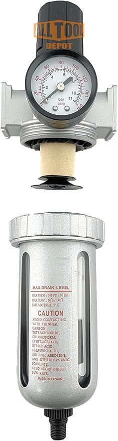 1/2" NPT Mid Flow Compressed Air In Line Filter Regulator Combo Piggyback, Poly Bowl And Metal Body, 5 Micron Element, Adjustable From 7 to 145 PSI (AUTO DRAIN)